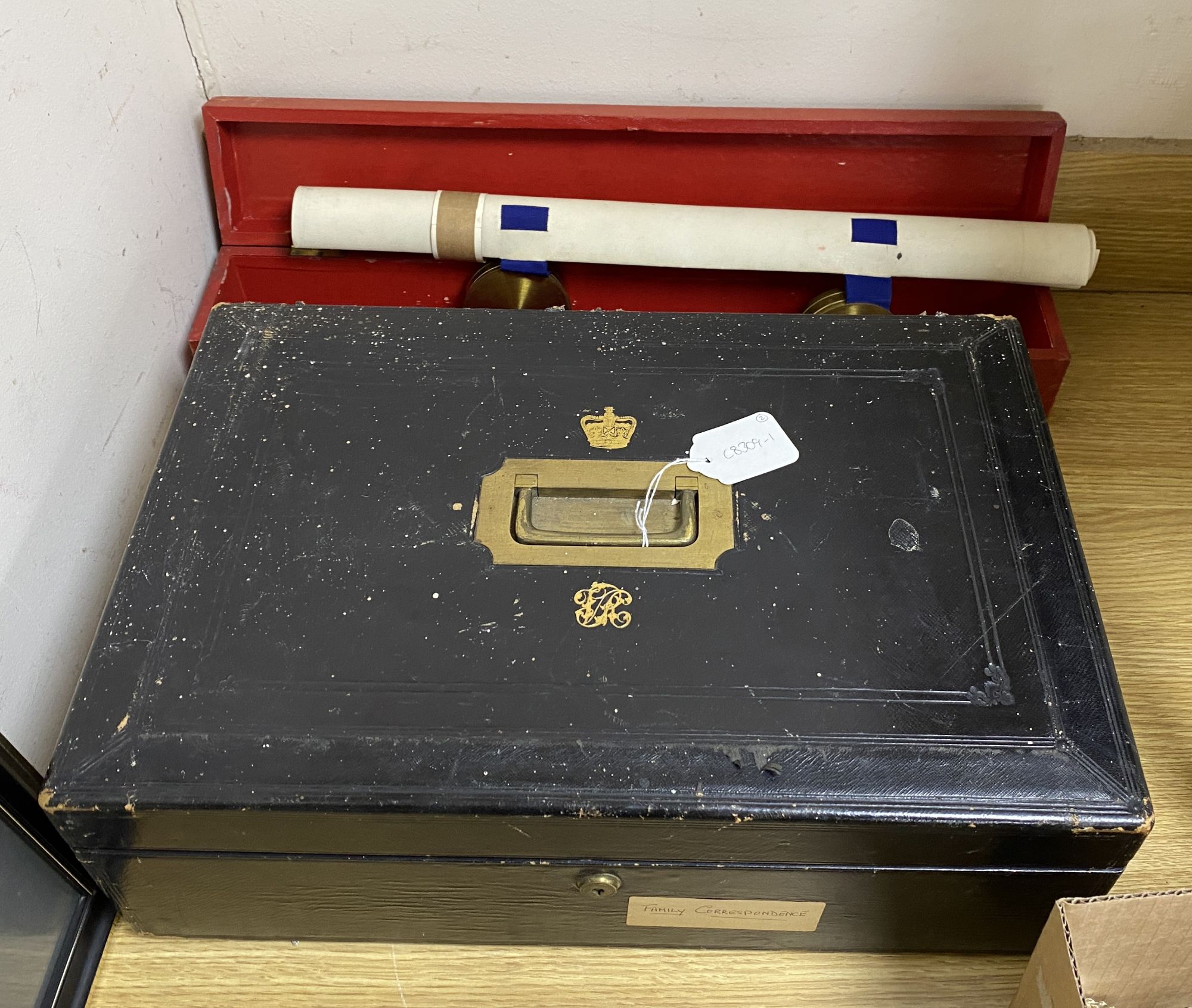 A Victorian Wickwar & Co government ledger box, together with a George V knights scroll of arms to Eliot Arthur de Pass
